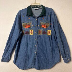 Bobbie Brooks shirt sz  XL Embroidered Fall corduroy collar pumpkins autumn